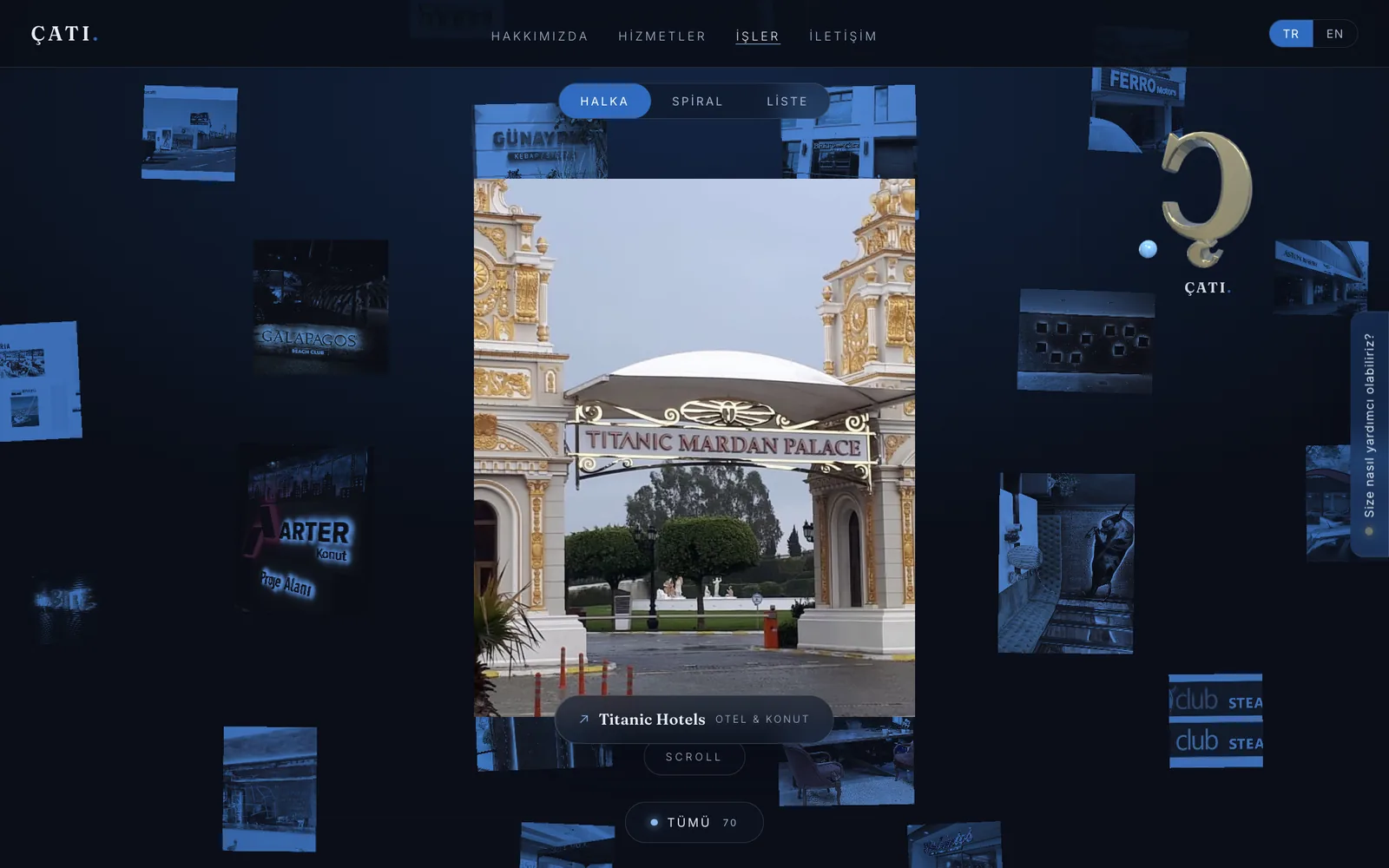 İşler — tek WebGL sahnesinde halka görünümü ve 3D Ç amblemi