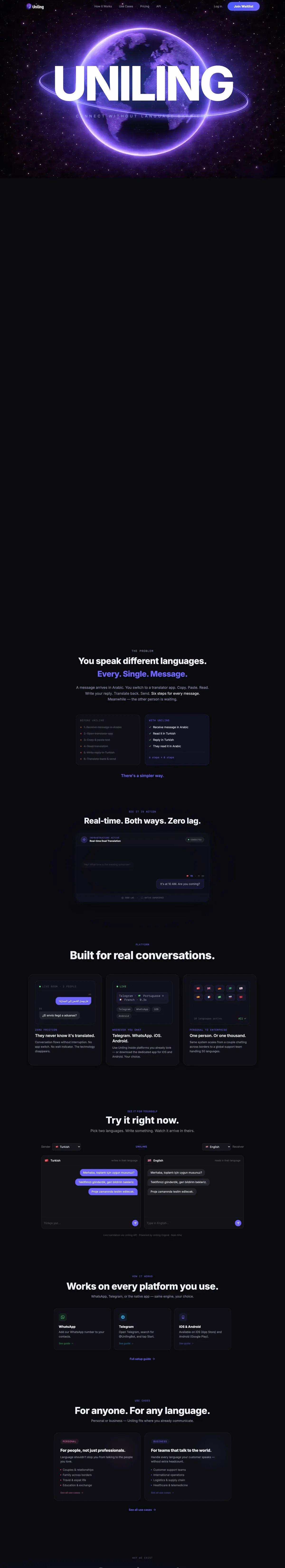 uniling.app — ürün sitesi: problem, gerçek zamanlı demo ve platformlar